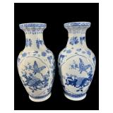 2 TALL BLUE AND WHITE PORCELAIN VASES