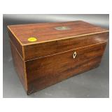 ANTIQUE MAHOGANY TEA CADDY, MISSING CENTER JAR