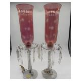 2 ETCHED CRANBERRY SHADE CANDLESTICKS WITH