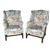 PR OF FLORAL CHIPPENDALE WINGBACK CHAIRS