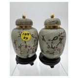 PR OF 2 SMALL GLASS CLOISONNE GINGER JARS ON STAND