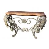 ORNATE IRON AND MARBLE TOP CONSOLE CORAL COLORED