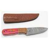 New Damascus Blade Knife with Leather Sheath - 4"