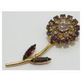 Vintage Gold Flower Brooch with Dark Purple and