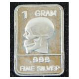 1 gram Silver Ingot - Skull Profile, .999 Fine