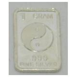 1 gram Silver Ingot - Yin-Yang, .999 Fine Silver