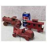 3 old Cast Iron toys Futuristic Red  Race Car,