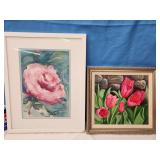 2 floral still lifes.  "Tulips" oil on board by