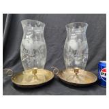 Pair etched glass American  Eagle hurricane