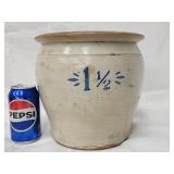 1 1/2 gallon crock.  Has chip in rim.    Look at