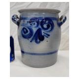 Contemporary salt glazed blue decorated crock  9"