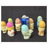 9 Egg Cups ceramic figures - 2 Owls, 2 Elephants,