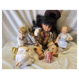 4 Bisque Baby dolls and a sewing kit- Native