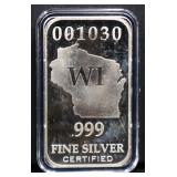 1 troy ounce Wisconsin state silver bar