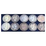 Lot of 10 barber half dollars