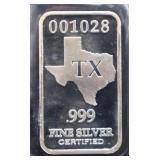 1 troy ounce Texas state silver bar