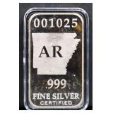 1 troy ounce Arkansas state silver bar