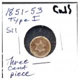 1851 3 cent silver trine coin