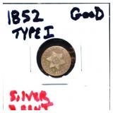 1852 3 cent silver trine coin