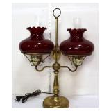 Vintage brass double red shade student lamp