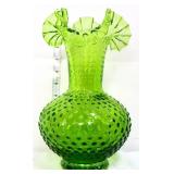 Green hobnail 10in glass vase