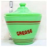 Jadeite grease jar w/ red writing