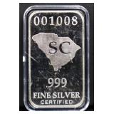 1 troy ounce South Carolina state silver bar