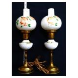 Pair vintage milk glass shade lamps w/ flowers