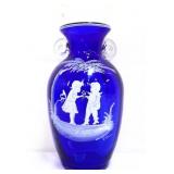 Blue glass vase w/ children scene