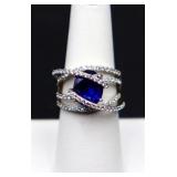 Sterling oval blue sapphire ring, lab grown