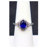 Sterling oval cut blue sapphire ring, lab grown