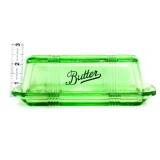 Green glass butter dish, black writing