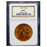 Graded 1875S $20 gold coin