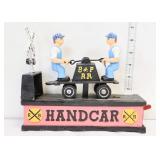 Cast iron mechanical RR hand car bank