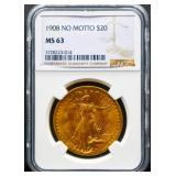 Graded 1908 No Motto $20 gold coin