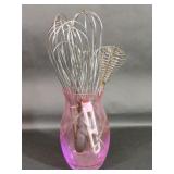 Pink Glass Vase, 7 Metal Whisks