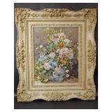 Colorful Flowers in Blue Vase Picture Tan Frame