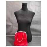 Red Velvet Clutch Bag, Silver Toned Accents