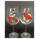 2pc Hand Painted Cardinal Bird Wine Glasses