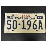 1989 Texas State Official License Plate