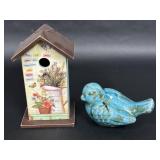 Wooden Birdhouse with Blue Decorative Ceramic Bird