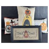 Framed Trick or Treat Sign & 3 Halloween Pillows