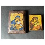 Two Hand Made Virgin Mary w Jesus on Wood Blocks