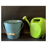 Blue w Black Trim Tin Pail & Green Watering Can