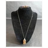 Sterling Amber Pendant Necklace and Earrings