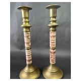 Two Brass and Marble Candlesticks