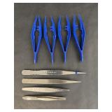 Precision Tip Metal Tweezers, Blue Plastic