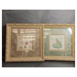 Vintage Cross Stitched Bugs & Frog Art in Frame