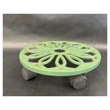 Green Cast Metal Floral Wheeled Plant Stand