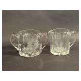 Glass Creamer & Sugar Dish Etched Floral Design